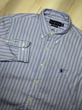 Polo Ralph Lauren Men Button Down Shirt 16.5-32/33 Striped Blue Pony Custom Fit