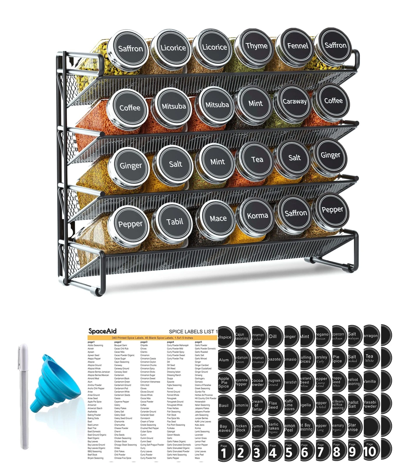SpaceAid Spice Rack Organizer with 24 Spice Jars, 386 Spice Labels, Chalk Mar...