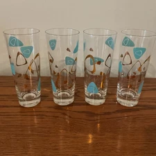 4  Vintage Federal Amoeba Atomic Boomerang Turquoise 16 Ounce Tumbler Glass Tall