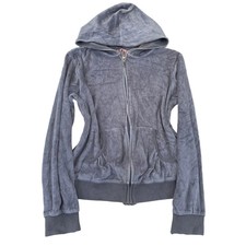 Vintage Juicy Couture Women's Slate Grey Velour Zip-Up Hoodie Loungewear Size S