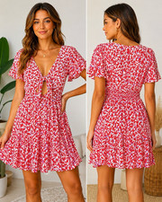 Lulus Red White Blue Floral A-Line Dress V-Neck Tie Front Flutter Sleeve L