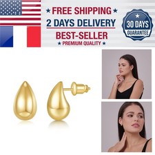 14K Gold Plated Hoop Teardrop Chunky Stud Ear...
