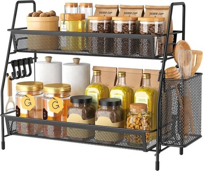 Stehendes Schwarz Metallregal, Gewürzregal 2 Etagen Küchen Organizer, Badezimmer