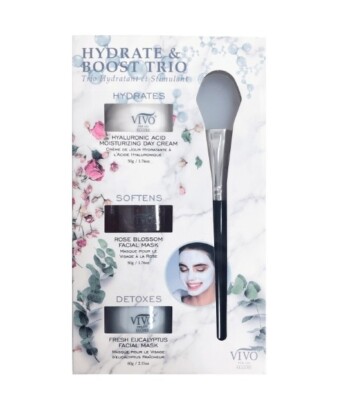 HYDRATE & BOOST TRIO: DAY CREAM, ROSE BLOSSOM MASK, & EUCALYPTUS MASK BY VIVO