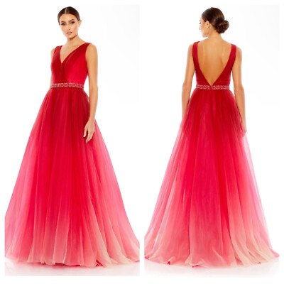 MAC DUGGAL 20378 BEADED WRAP OVER SLEEVELESS RED OMBRE GOWN DRESS  NWT 16