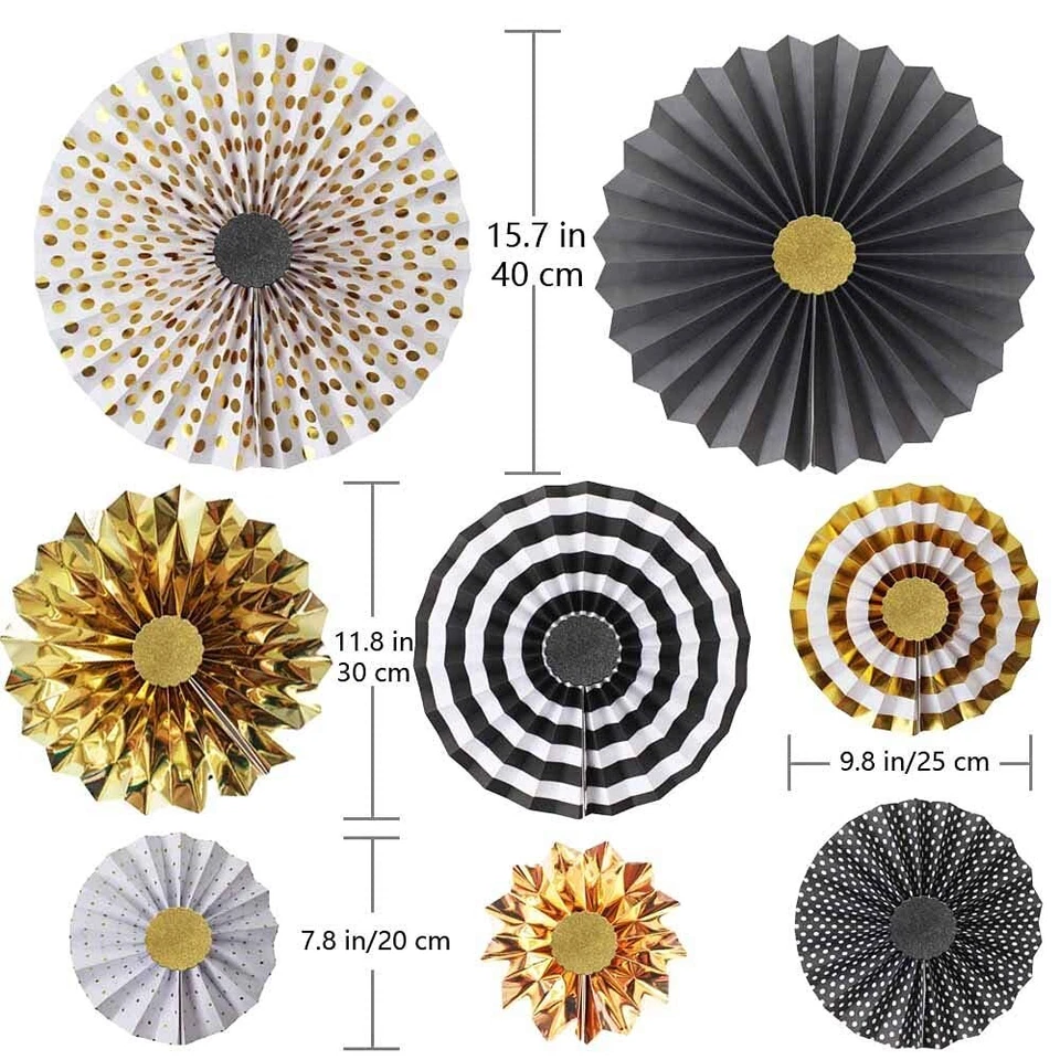 ,Abanicos de Papel Negro Dorado Flor para Decoraciones de Fiesta de Halloween,negro2,Juego de 8 Foto 2 de 4