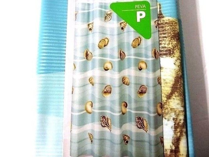 Shell Stripe Vinyl Shower Curtain Nautical Ocean Seaside Wipe Clean 70