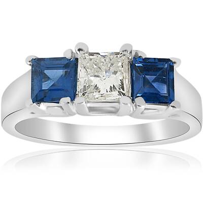 1/2ct Princess Cut Diamond Blue Sapphire Engagement Ring White Gold  Enhanced