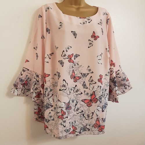 NEW EX Yours Size 16 18 Nude Butterfly Print Bell Sleeve Tunic Top Blouse - Picture 3 of 3