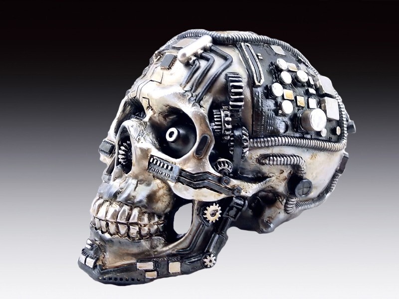 Steampunk Skull with Computer Chip Figurine Statue Skeleton