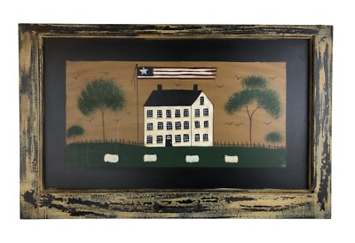 Charlene Joy Original Painting House Sheep Trees American Flag on Old Door 31''