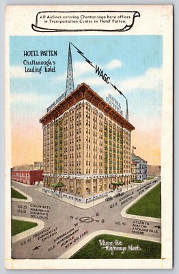 Hotel Patten 1930's WAGC Radio Street Map Chattanooga TN Postcard UNP Linen Krop