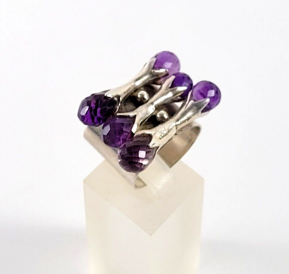 Multi Briolette Amethyst Silver Ring US Size 8.5 - image 5