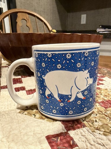 Vintage JSNY Pig Coffee Mug Blue White Floral Farmhouse Country Cottage Core