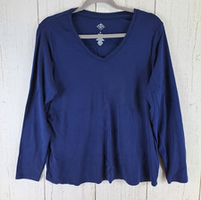 St Johns Bay Size XL Womens Blue V Neck Long Sleeve Cotton Essential Tee Top