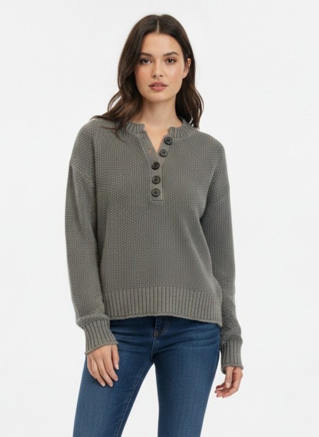 American Eagle Olive Green Waffle Knit Henley Sweater XS