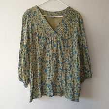 Style&Co Top Blouse Womens 3X Green Blue Floral 3/4 Puff Sleeve OekoTex Cottagec