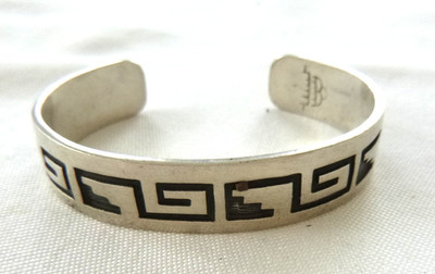 Hopi M & K Hoyungwa Hallmarked Cuff Bracelet 925 Sterling Silver Water Symbol