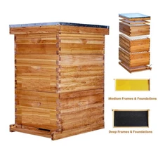Wooden Beeswax Beehive Metal Top Cover w/ 30 Frames, 2 Deep Box and 1 Medium Box