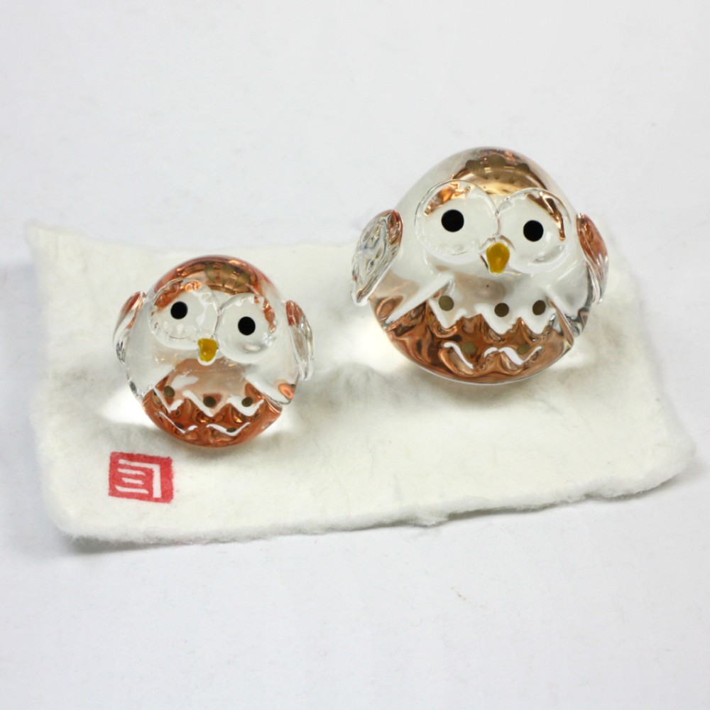 Glückseule mit Jungem, Glas, Glücksbringer, Symbol für Weisheit