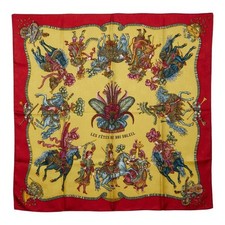 HERMES Carre 90 Les Fetes Du Roi Soleil Red Multicolor Silk Scarf 34.3 in