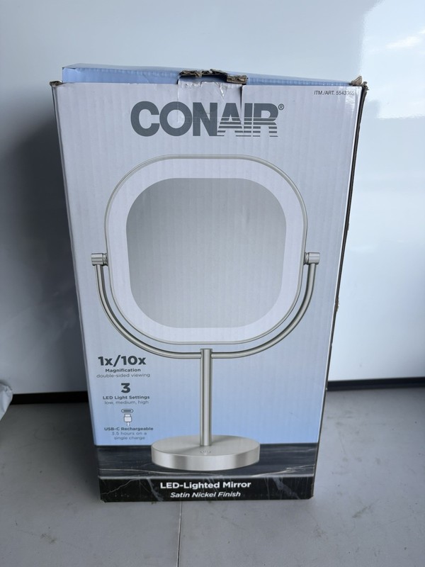 Conair LED Lighted Mirror Satin Nickel USB-C Rechargeable 1x/10x Magnification