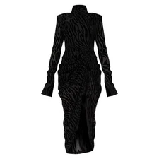 Pretty Little Thing black Zebra Print Velvet Ruched High Neck Long Sleeve Midi