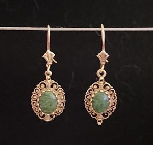 Antique 14k Dangle/Drop Hook Earrings Oval Bezel Set, Nephrite Jade