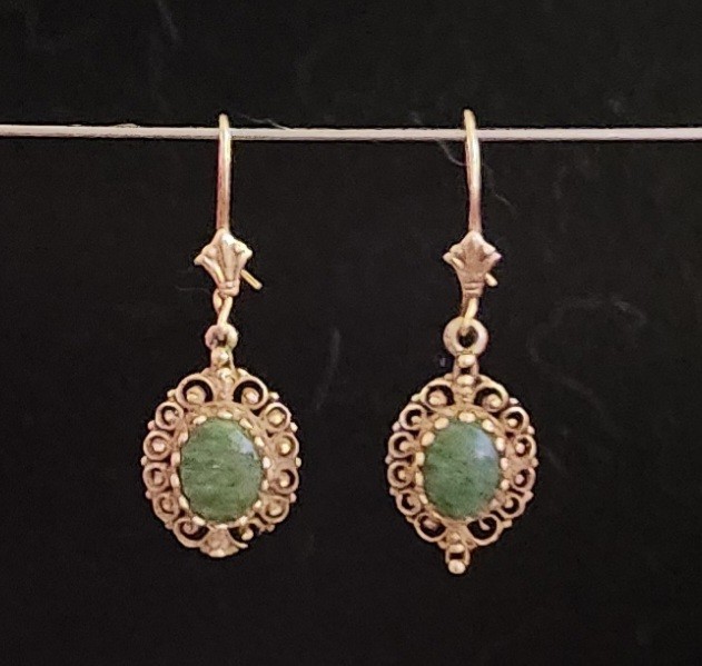 Antique 14k Dangle/Drop Hook Earrings Oval Bezel Set, Nephrite Jade