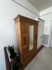 Victorian Wooden Freestanding Wardrobe, Hinged Mirrored Door 1 Drawer.