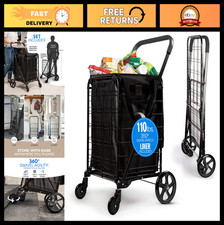 Large Folding Utility Shopping Cart - Heavy Duty, 110 lb Capacity, 360 Wheels,
