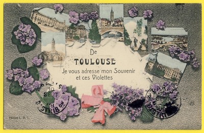 Old postcard 1908 Souvenir de TOULOUSE Ville Rose VIOLETTES Gruss aus Greeting from