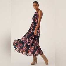 Anthropologie Navy and Pink Floral Halter Maxi Dress, Size Medium