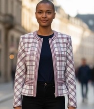 St. John Knit by Marie Gray Tweed Jacket 12 Red Blue Plaid 4th of July Excellent