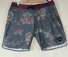 Quicksilver Board Shorts Mens 34 Gray Floral Highline Surf Beach Swim Trunks
