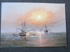 RAR  seltene AK  alter Zeit ! Gemälde wunderschön AUF FANGFAHRT Boote  Seekatz