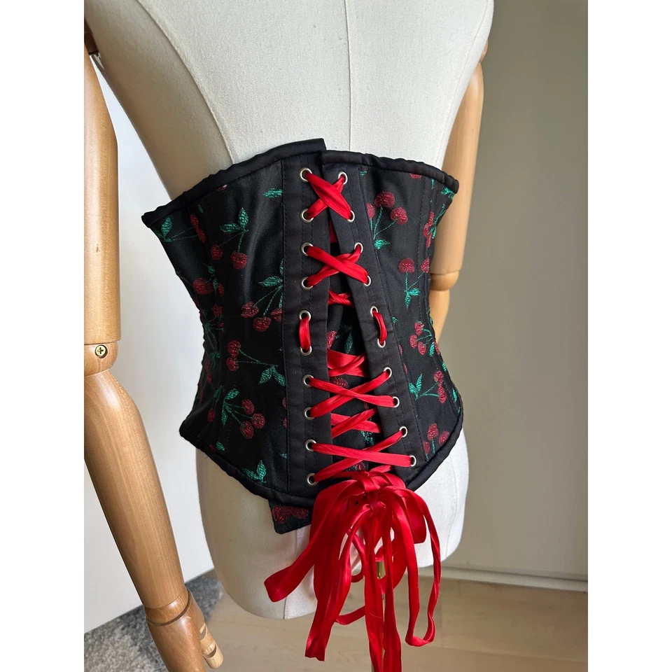 Corsé Huerto Estampado Cereza Cintura Corsé Talla 26 Acero Deshuesado Cordones Bajo Busto Foto 4 de 4
