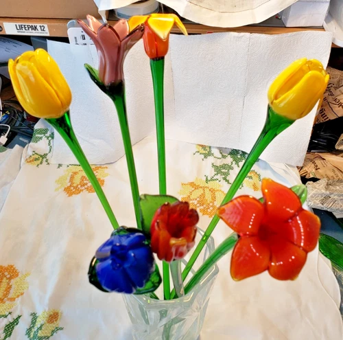 Vintage Set of 7 Murano Style Glass Long Stem Flowers Bouquet Hand Blown 18-20in