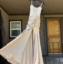 Emerald Sundae XS Beige Sleeveless Ruched Maxi Bridesmaid Dress, Regular