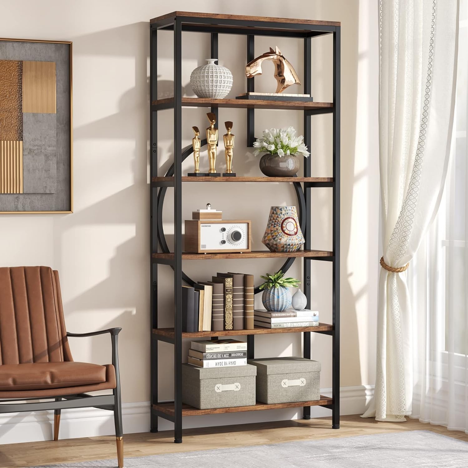 70.9 Inch Industrial Bookshelf, 6-Tier Tall Etagere Bookcase