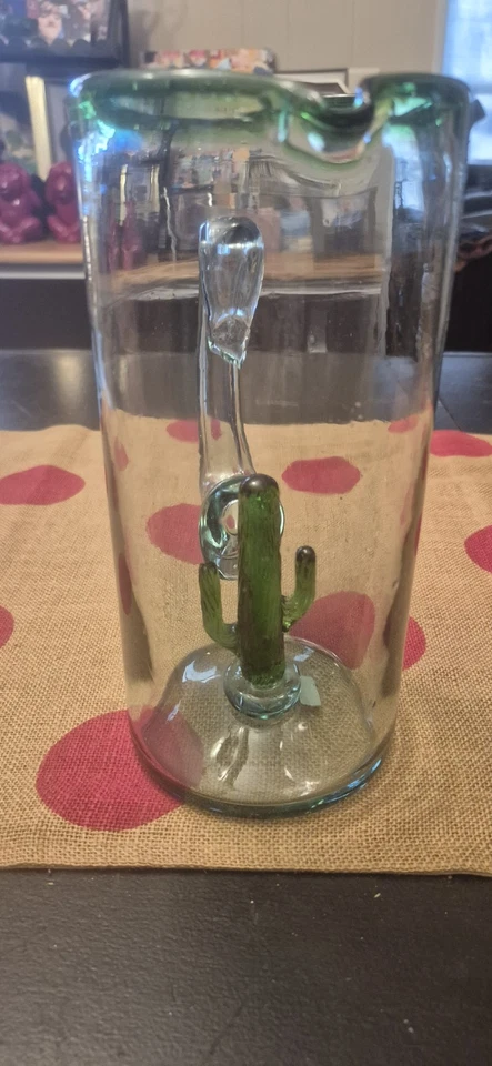 Novo Jarro de Vidro Mexicano Soprado à Mão com Arte de Cacto Saguaro Verde 3D Dentro - Imagem 3 de 4