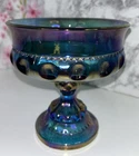 VINTAGE INDIANA CARNIVAL GLASS KINGS CROWN THUMBPRINT BLUE IRIDESCENT COMPOTE 5"
