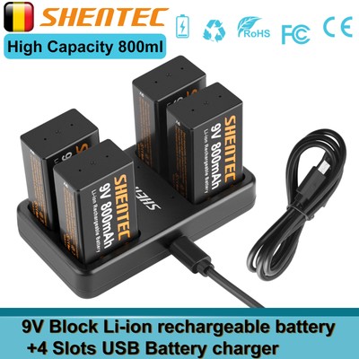 9V Block 6F22 Lithium 9 Volt Batterien ideal Rauchmelder / 4 Slots USB Ladegerät