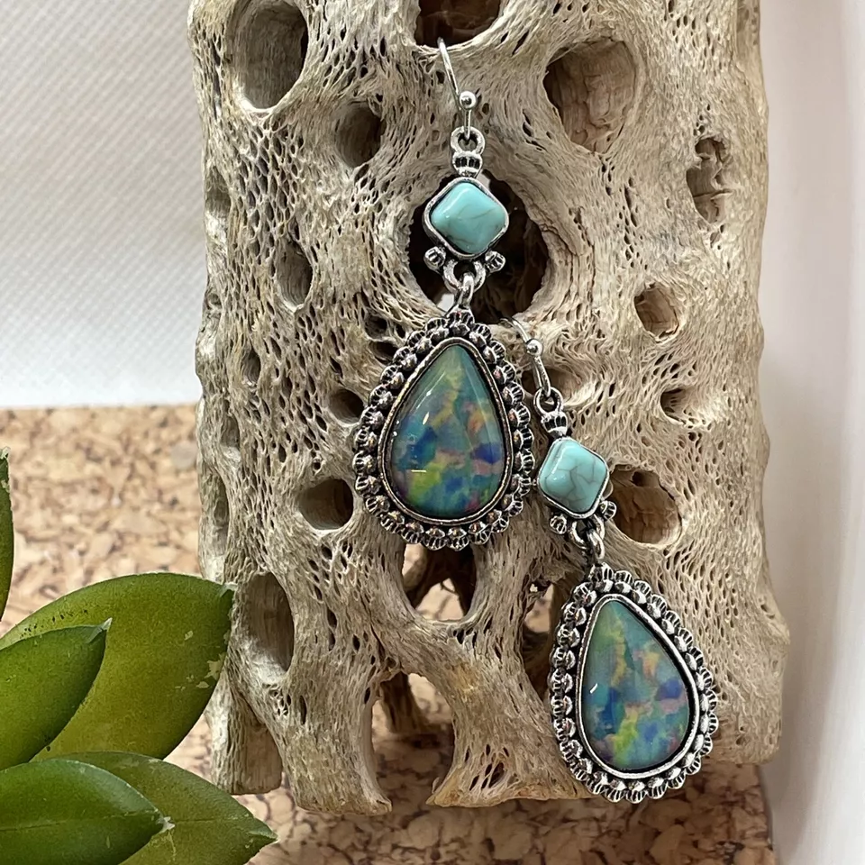 Southwestern Faux Turquoise Beach Mermaid Cluster Pendant blue Earrings Western - Image 2 of 4