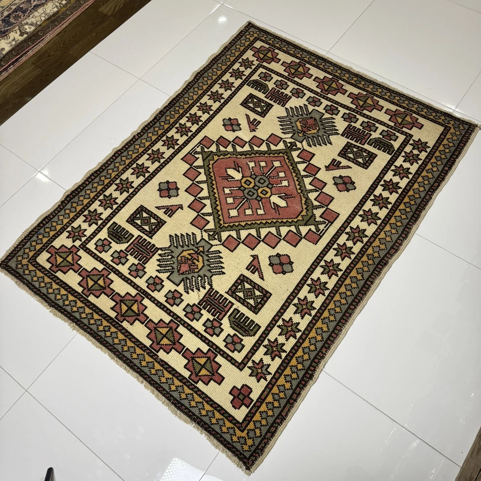 Alfombra Oushak de lana anudada a mano de colección, alfombra Ouhsak oriental 4x5 Foto 4 de 4