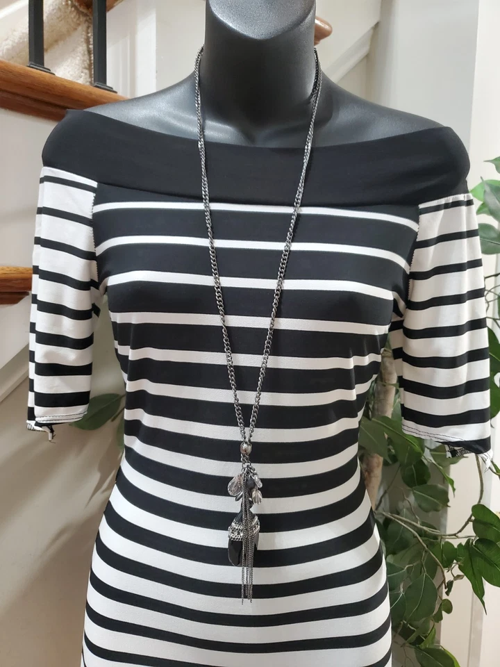 Va Va Voom Women Black & White Polyester Boat Neck Half Sleeve Long Maxi Dress S - Image 2 of 4