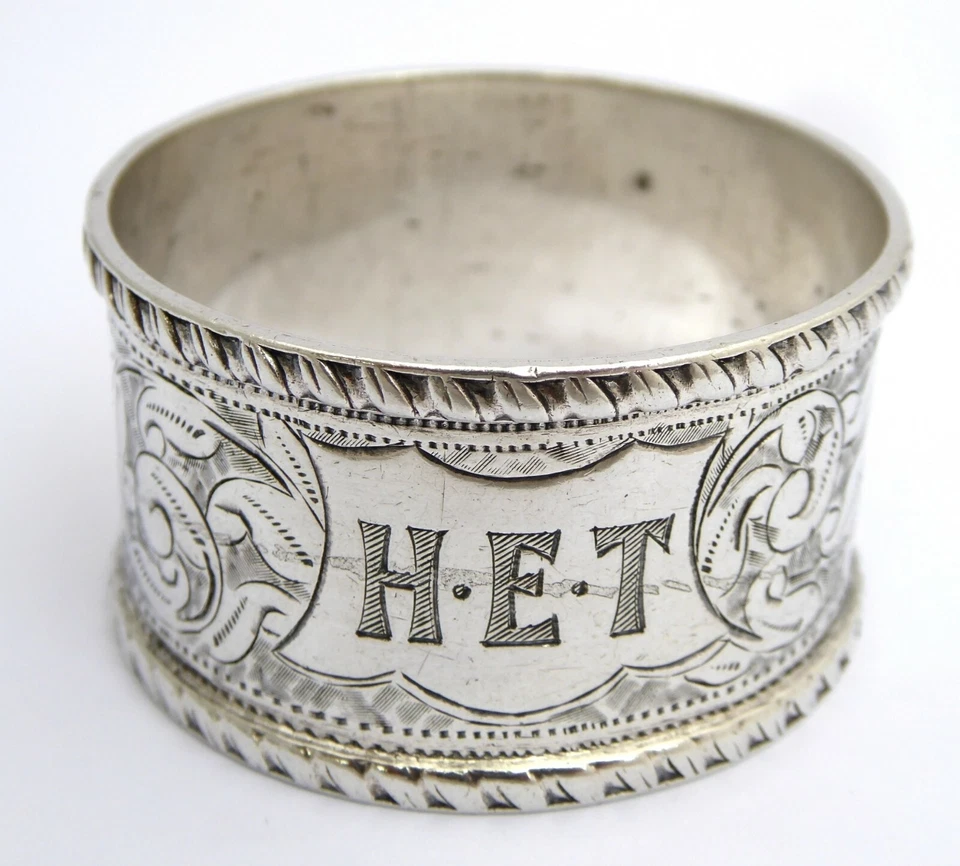 Antique 1898 Hallmarked Sterling Silver Napkin Ring HET Monogram Minshull - image 2 of 4