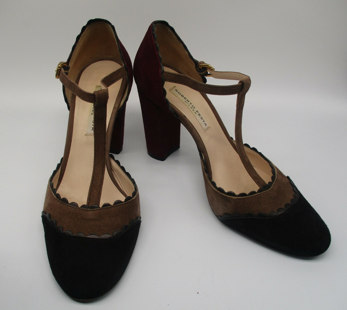 ROBERTO FESTA suede black, brown, wine scalloped T-strap  display picture 1