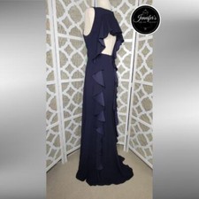 Vince Camuto Navy Blue Embellished Open Ruffle Back Crepe Gown Size 12