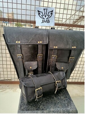 Real leather  Genuine black leather 3 saddlebags, motorcycle 2 bags tool bag